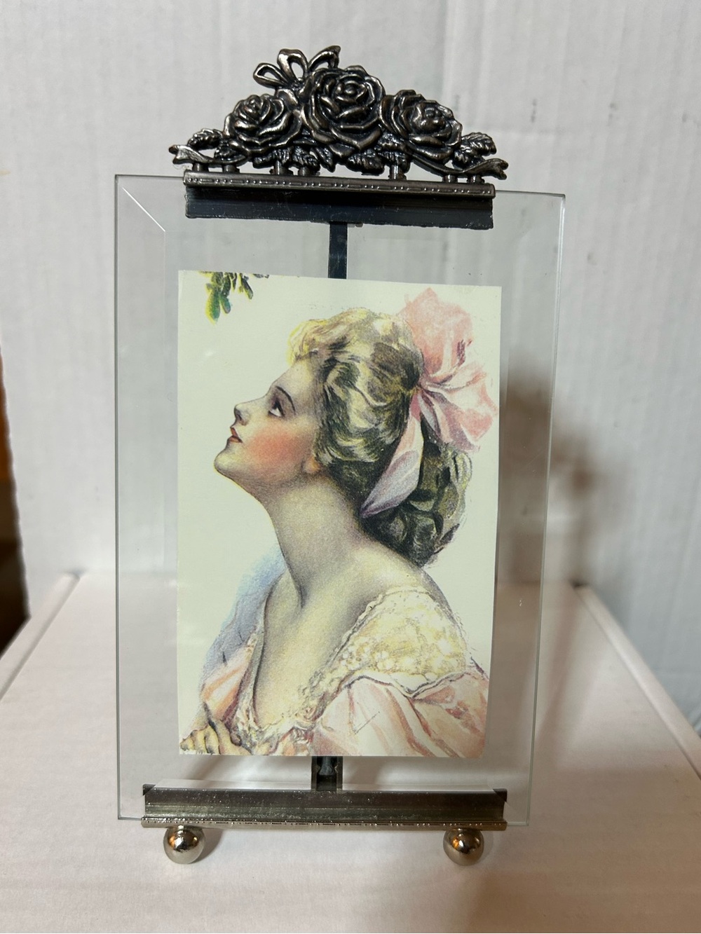 Vintage 5” x 6” Beveled Glass Frame on Silver Tone Easel w Rose Design Top